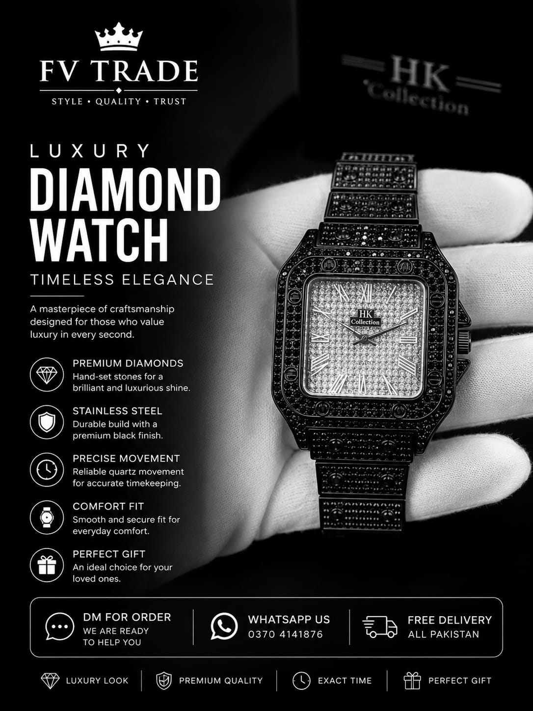 Luxury Diamond Men's Watch | Premium Stainless Steel Quartz Watch | Black Crystal Wrist Watch | Elegant Fashion Timepiece