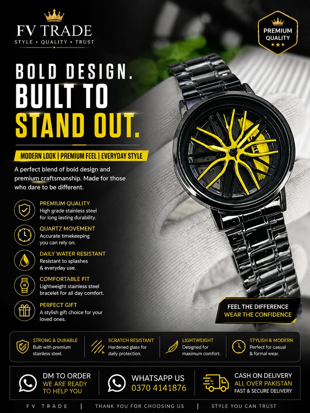 Luxury Stainless Steel Men's Watch | Premium Quartz Wrist Watch | Stylish Black Metal Watch | Waterproof Everyday Fashion Watch