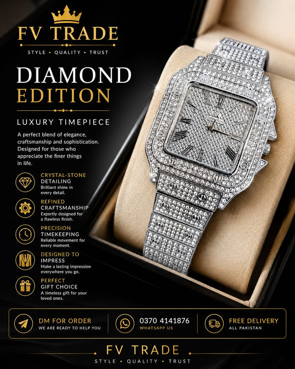Luxury Diamond Edition Men's Watch | Premium Crystal Stainless Steel Quartz Watch | Silver Luxury Wrist Watch | Elegant Fashion Timepiece